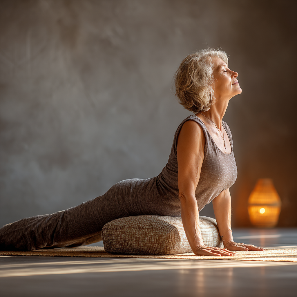 Grup de seniori practicând yoga într-un studio luminous, demonstrând posturile adaptate și atmosfera relaxată