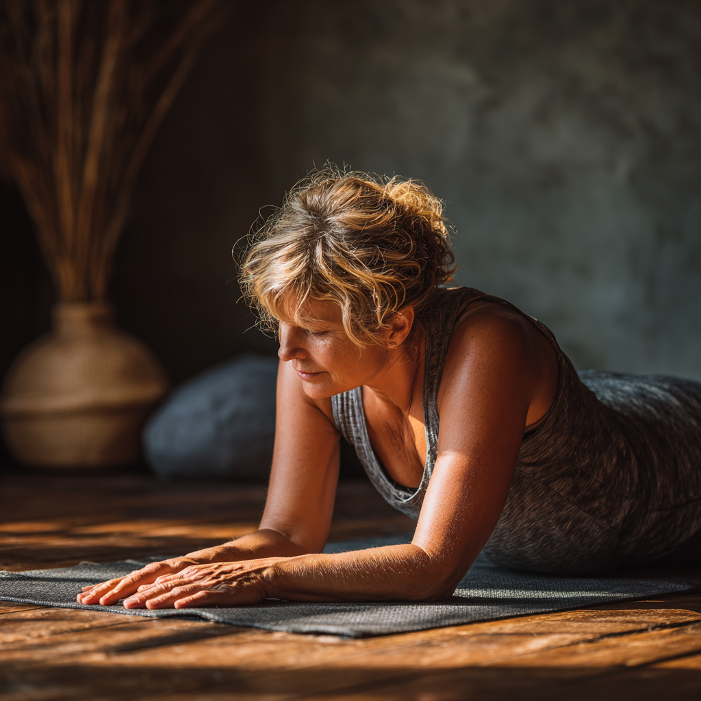 O doamnă în vârstă în poziție de meditație, demonstrând pacea și concentrarea aduse de practica yoga